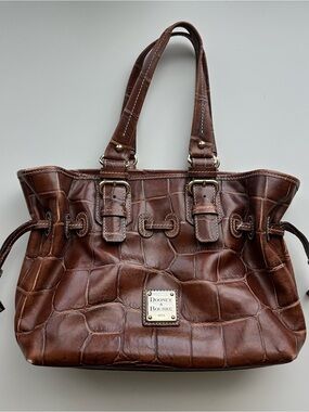 VTG Dooney & Bourke Brown Croc-Embossed Drawstring Purse Shoulder Bag